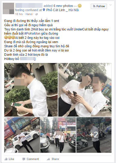 Toàn bộ bài đăng về hai thanh niên áo trắng bắt Pokémon giữa phố ở Hà Nội sáng nay. (Ảnh: Facebook)