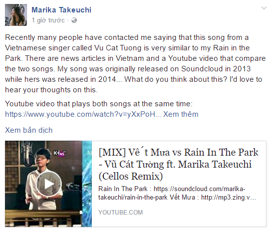 Sau khi nhận phản hồi từ khán giả Việt Nam, nghệ sĩ Nhật Marika Takeuchi muốn thăm do ý kiến về sự giống nhau giữa 2 ca khúc Vết mưa và Rain In The Park. - Tin sao Viet - Tin tuc sao Viet - Scandal sao Viet - Tin tuc cua Sao - Tin cua Sao