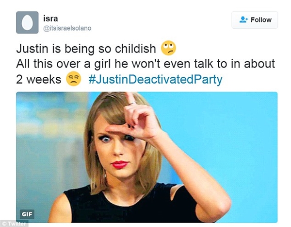 "Justin thật là trẻ con. Tất cả mọi chuyện chỉ vì một cô gái mà anh ta sẽ không thèm nói chuyện nữa trong khoảng 2 tuần tới".