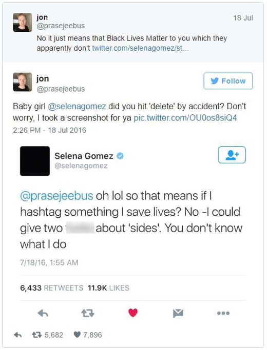 "Dòng tweet sai lầm" của Selena được cô xóa đi, nhưng đã bị chụp lại.