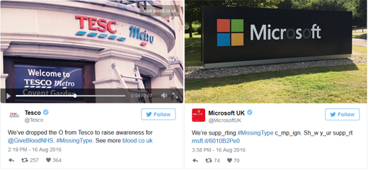 Chữ O trong tên của Tesco và Microsoft đã được gỡ bỏ hoặc làm mờ để ủng hộ chiến dịch này.