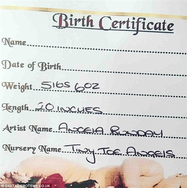 Courtney thậm chí còn làm cả giấy khai sinh cho “em bé” của mình. Tuy nhiên, cô để trống mục họ tên và ngày sinh, chỉ khai cân nặng, chiều cao, nơi nhận nuôi là nhà trẻ Tiny Toe Angels. Ảnh: Instgram Courtney Stodden