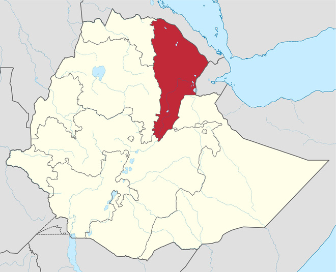 Vùng trũng Afar trên bản đồ (màu đỏ đậm).