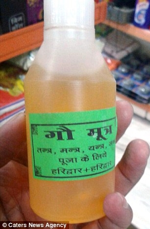 Một chai thuốc có thành phần là nước tiểu bò được bán ở các siêu thị Ấn Độ.