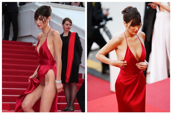 Bella Hadid trên thảm đỏ Cannes 2016 với chiếc váy xẻ cao đến mức không còn gì để xẻ và lẽ dĩ nhiên là việc bị lộ hàng cũng chỉ... chực chờ ập đến mà thôi.