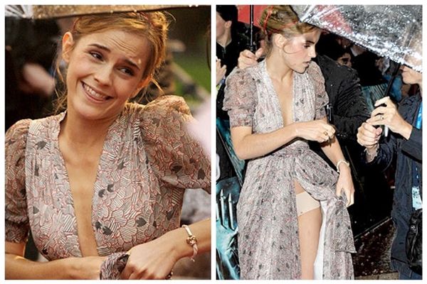 Emma Watson tại buổi công chiếu Harry Potter và Hoàng tử lai năm 2009 với chiếc váy xẻ cao để lộ quần lót. Và nụ cười ngây thơ chữa ngượng của cô nàng thì khiến công chúng không thể ghét nổi.
