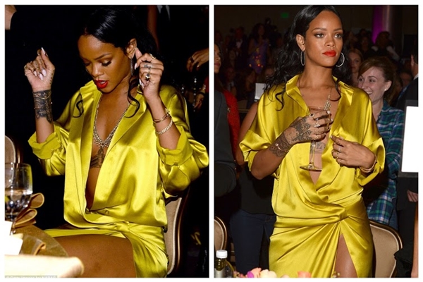 Rihanna suýt nữa thì gặp sự cố với chiếc áo "hờ hững" của mình tại gala trước giải Grammy năm 2014.