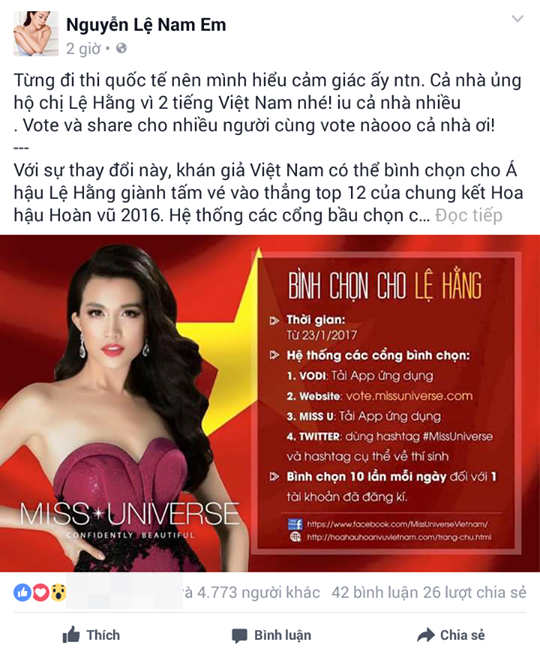 Người đẹp áo dài của Hoa hậu Hoàn vũ Việt Nam 2015 - Khánh Vân và Top 8 Hoa hậu Trái đất 2016 - Nam Em mong góp "gió thành bão", giúp Lệ Hằng có cơ hội được xướng tên bước vào top 12.
