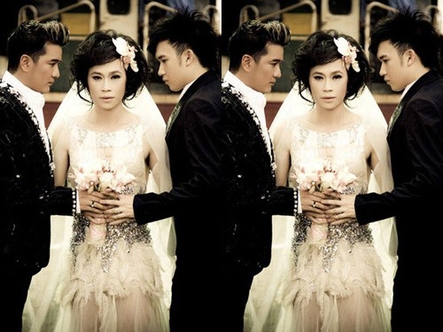 
	
	Bộ ảnh đám cưới Hoài Linh là cô dâu, Triệu Vũ và Đàm Vĩnh Hưng cùng là chú rể.