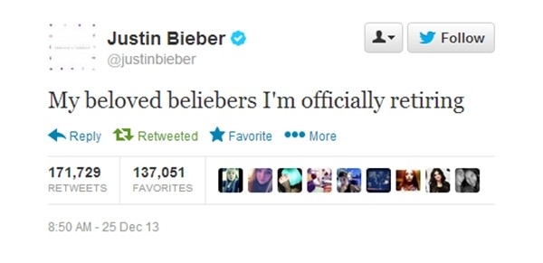 
	
	Justin Bieber tuyên bố giải nghệ trên Twitter
