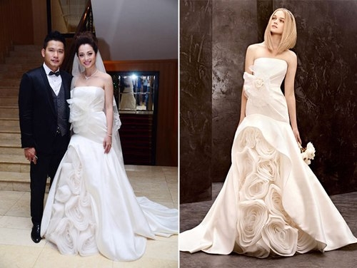 
	
	Jennifer Phạm cũng chọn váy cưới của Vera Wang trong đám cưới lần 2. Chiếc váy nằm trong bộ sưu tập White mùa thu 2012 - là dòng sản phẩm bình dân hợp tác giữa Vera Wang và David's Bridal.