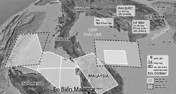 
	
	Khu vực tìm kiếm chiếc máy bay mất tích MH370 và vị trí eo biển Malacca - Đồ họa: Như Khanh