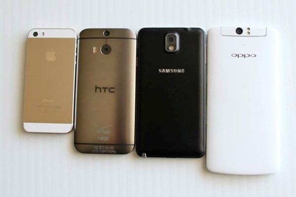 
	
	Từ trái qua phải: iPhone 5S, HTC One 2014, Samsung Galaxy Note 3 và Oppo N1.