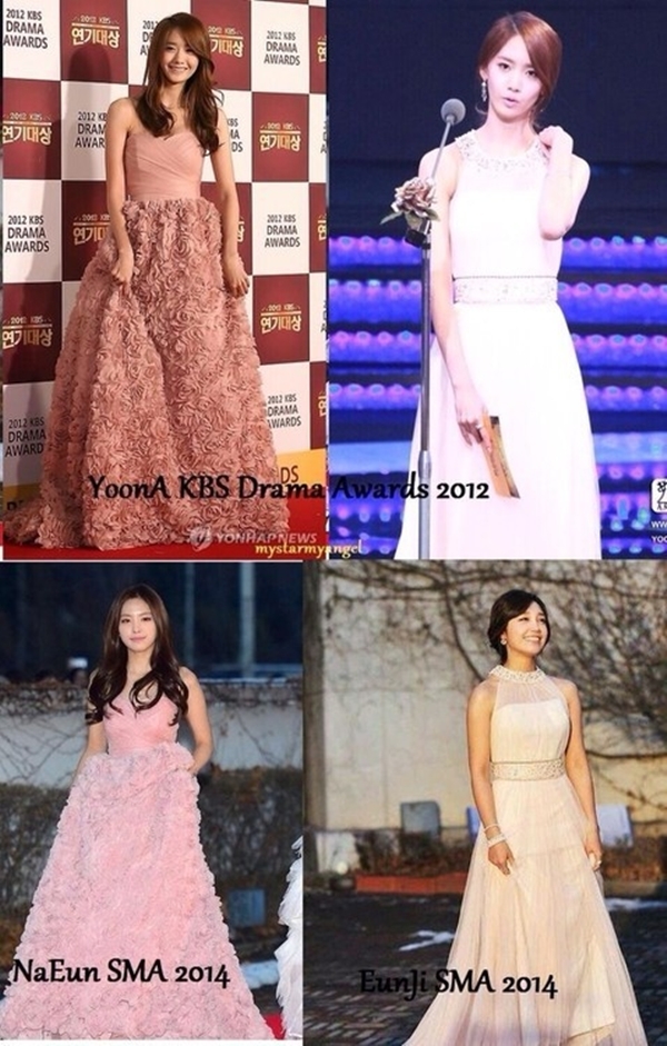 
	
	Cư dân mạng còn khai quật những bộ cánh trùng nhau giữa Apink và SNSD. Tại Seoul Music Awards 2014, Naeun và Eunji đã vô tình diện lại hai bộ Yoona từng mặc trên sân khấu KBS Drama Awards 2012