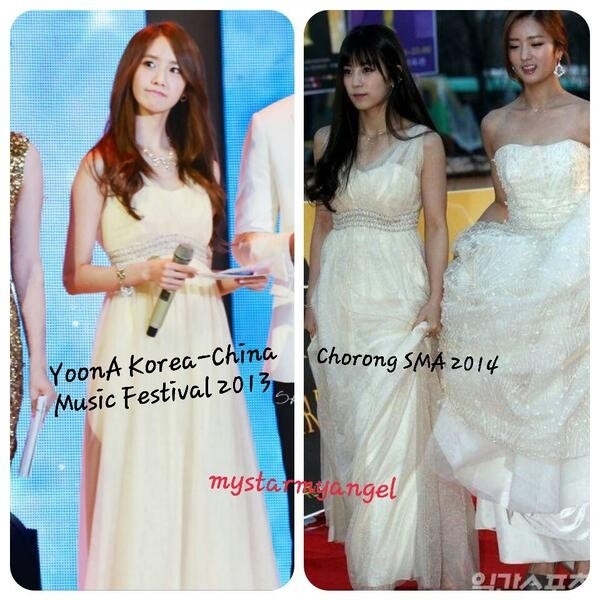 
	
	Cũng tại Seoul Music Awards 2014, Chorong (thứ hai từ phải sang) chọn trùng chiếc váy màu vàng nhạt mà Yoona (trái) đã mặc tại đêm nhạc hữu nghị Trung - Hàn 2013. 