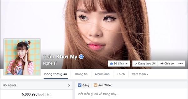 
	
	Trang fanpage của Khởi My chính thức cán mốc 5 triệu người theo dõi.