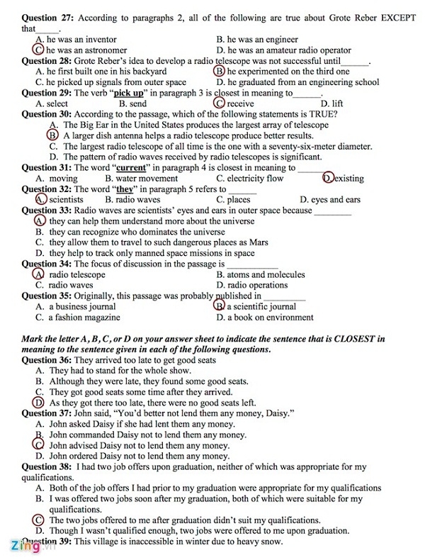 Đề thi và đáp án gợi ý đáp án Đại học 2014 môn Hóa và Anh văn khối A, A1