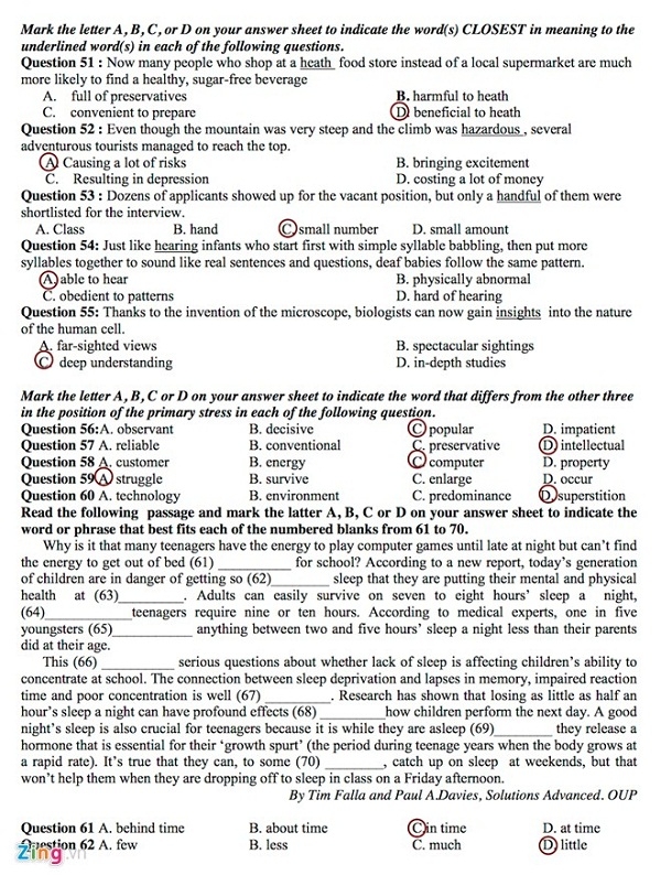 Đề thi và đáp án gợi ý đáp án Đại học 2014 môn Hóa và Anh văn khối A, A1