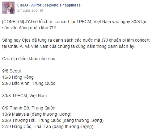 
	
	Fanpage của Jaejoong tại Việt Nam cũng xác nhận thông tin này