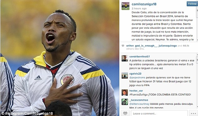 
	
	Zuniga đã phải lên tiếng xin lỗi Neymar trước khi anh đóng tài khoản