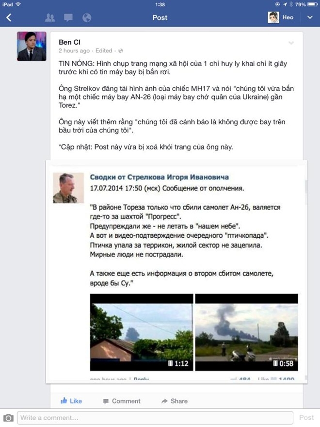 
	
	Trên mạng xã hội Facebook, một tài khoản tên Strelkov tự nhận nhóm của mình đã bắn hạ chiếc máy bay, nhưng khẳng định đó là máy bay chở quân của Ukraina.