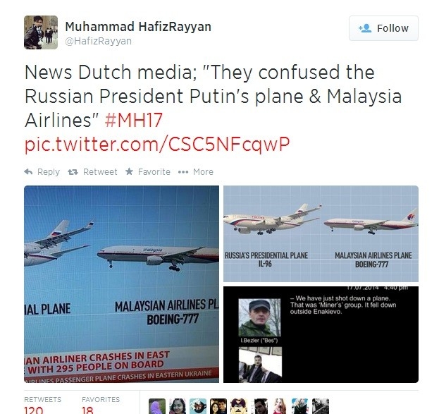 
	
	Nhiều thành viên của Twitter cũng tin rằng chiếc Boeing 777 đã "thế mạng" cho chiếc chuyên cơ của Putin vì hình dạng lẫn đường bay của hai máy bay này khá giống nhau.