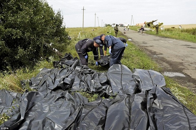 
	
	Nhân viên của chính phủ Ukraina tập kết thi thể các nạn nhân trong thảm kịch MH17 bên lề đường gần thành phố Donetsk hôm 19/7