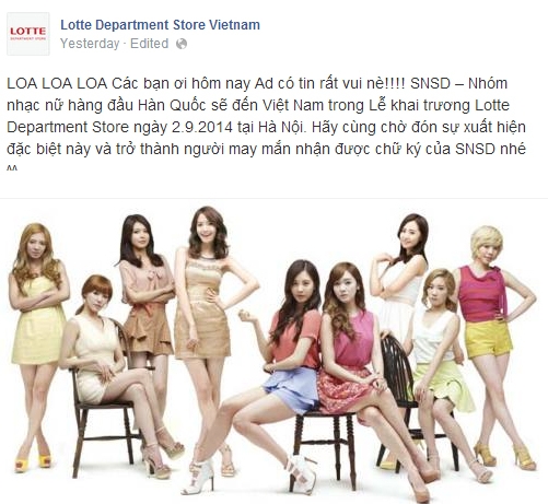
	
	Thông báo trên trang Facebook chính thức của Lotte Department Store Việt Nam