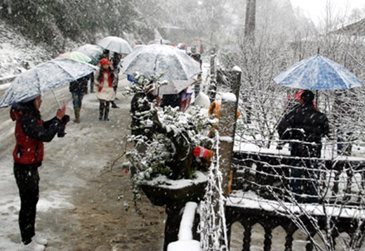 
	
	Du khách miền xuôi thích thú thưởng thức hiện tượng tuyết rơi ở Sa Pa hồi cuối năm 2013.