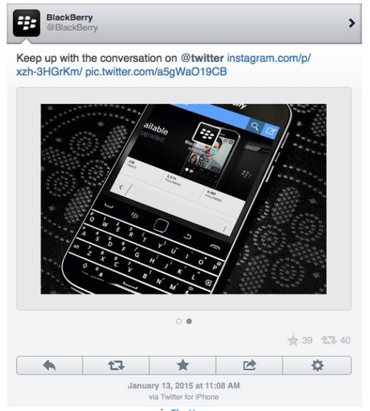 
	
	Bức ảnh quảng bá trên mạng xã hội của BlackBerry với chú thích 'via Twitter for iPhone'.