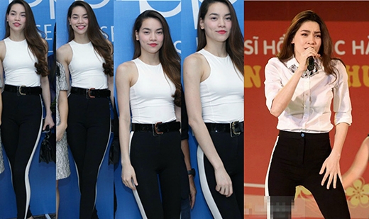 
	
	Chiếc quần tregging đen bó sát cơ thể với đường kẻ sọc trắng được Hồ Ngọc Hà diện lại trong 2 show diễn khác nhau.