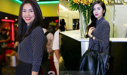 
	
	Chiếc áo sơ mi đen chấm bi được Hà Tăng mặc 2 lần trong 2 sự kiện khác nhau.