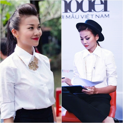 
	
	Cũng là chiếc áo sơ mi trắng và quần đen ôm sát người nhưng với phụ kiện khác nhau, Thanh Hằng vẫn tạo nên sự khác biệt với 2 phong cách này.
