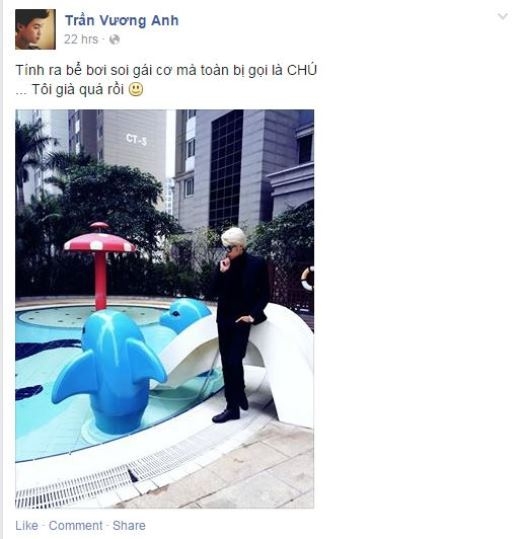 
	
	Fan được một phen bật cười khi xem hình ảnh mới nhất của hotboy Vương Anh. Anh chàng tỏ vẻ buồn bã khi bị gọi là 'chú' khi đứng ở bể bơi của trẻ em.