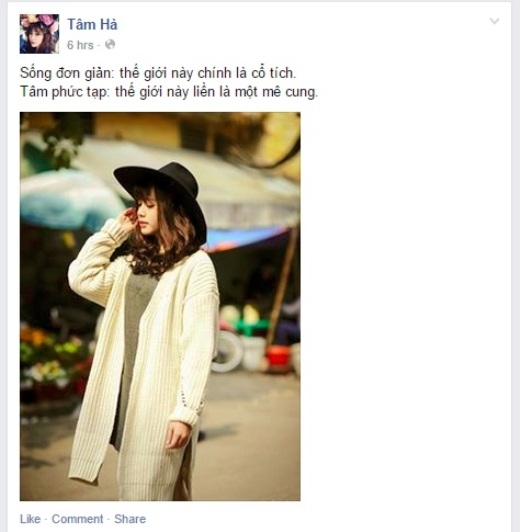 
	
	Hotgirl Hà Mjn nhận được khá nhiều like của cộng đồng mạng khi đăng dòng trạng thái khiến nhiều người suy ngẫm cùng bức ảnh 'chất lừ'.