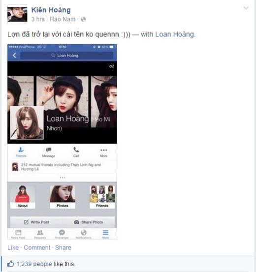 
	
	Hot boy Kiên Hoàng lại tỏ ra vô cùng thích thú với việc bạn gái mình bị Facebook bắt đổi tên. Thậm chí trước dó, anh chàng còn đăng một status trêu ghẹo: 'CHỊ NHÀ ĐÃ BỊ BẮT ĐỔI TÊN THẬT TRÊN FACEBOOK. =)))))) HAHAHAHA'