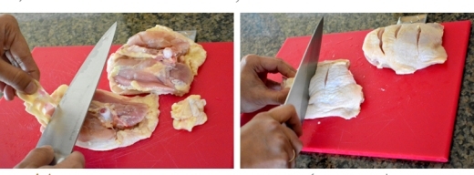 
	
	Rửa sạch đùi gà, loại bỏ phần mỡ, dùng dao xẻ 3 đường bên trên. Uớp gà với muối và tiêu.