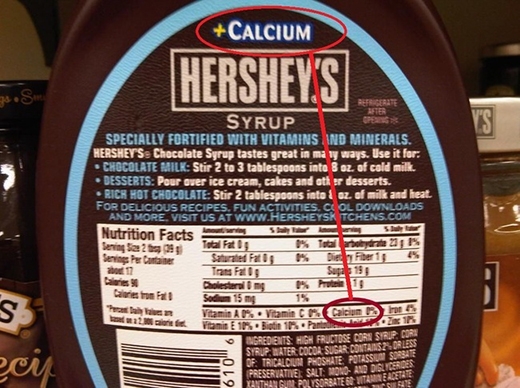 
	
	Bao bì được in dòng chữ 'Calcium' rõ ràng, nhưng xa xa xuống phía dưới, hàm lượng Calcium chỉ là 0%