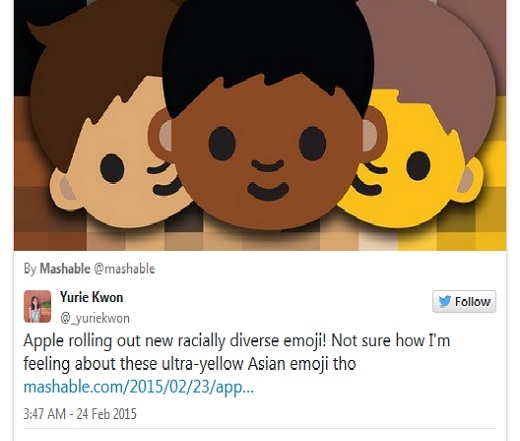 
	
	Người dùng Yurie Kwon: 'Apple đang phát hành biểu tượng đa sắc tộc mới! Nhưng tôi không chắc mình cảm thấy thế nào về màu da siêu vàng của emoji châu Á...'