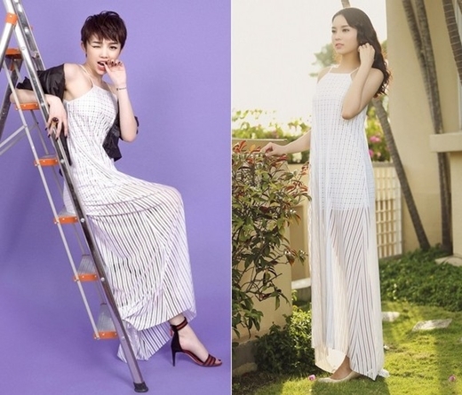 
	
	Gần đây nhất, Tóc Tiên và Hoa hậu Kỳ Duyên đã có một sự trùng hợp rất thú vị khi cả hai cùng chọn chiếc váy maxi xuyên thấu.