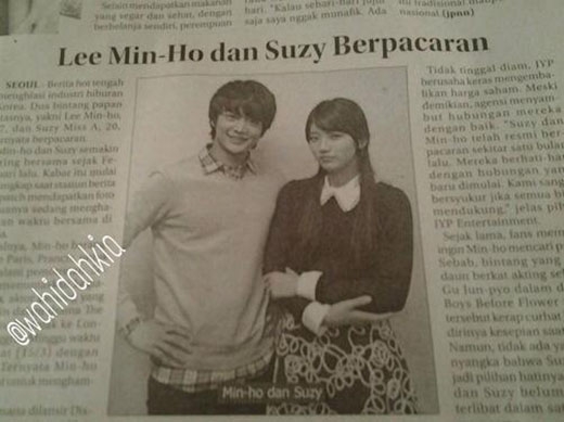 
	
	Báo địa phương của Indonesia đăng tin hẹn hò của Suzy và Lee Min Ho nhưng để hình của Minho (SHINee)