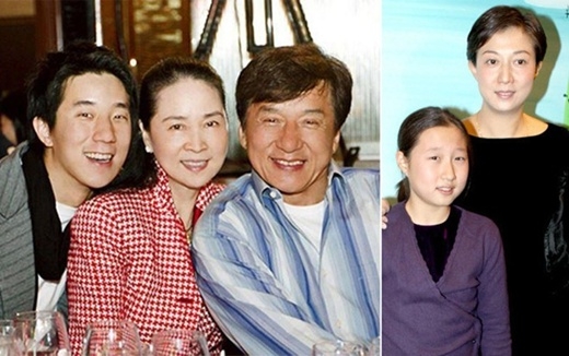 
	
	Thành Long và vợ con (trái), bên người tình và con gái riêng (phải)