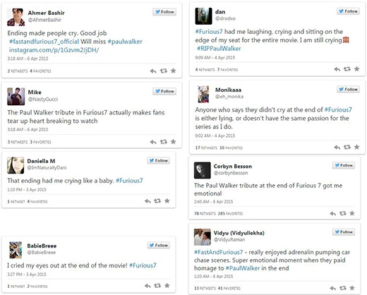 
	
	Những người hâm mộ 'thay nhay khóc' trên mạng xã hội Twitter vì đoạn kết của Furious 7.