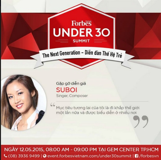 
	
	Suboi sẽ là một diễn giả trong buổi thảo luận ở sự kiện Under 30 Summit ngày 12.05.2015