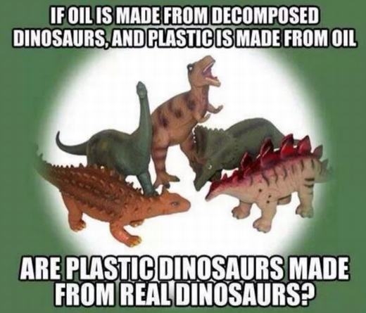 
	
	Trên mạng xã hội, đôi khi bạn vẫn thấy sự xuất hiện của meme này. Tuy ý nghĩa của nó là: “Nếu dầu được tạo từ khủng long phân hủy, và nhựa được tạo từ dầu thì có thể suy ra khủng long tạo ra nhựa hay không?” Nhưng thực tế, khủng long chỉ góp phần tạo ra dầu bằng cách “cho” vi khuẩn phân hủy có từ xác của chúng mà thôi.