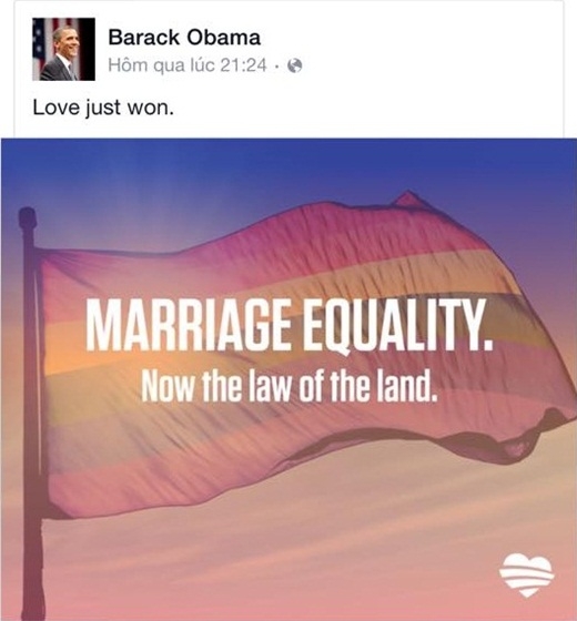 
	
	Tổng thống Mỹ, Barack Obama cũng đã chia sẻ hình ảnh với ý nghĩa bình đẳng hôn nhân, ủng hộ hôn nhân đồng giới.