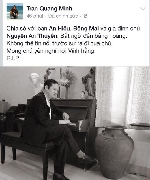 
	
	MC Trần Quang Minh mong nhạc sĩ An Thuyên sẽ yên nghỉ nơi vĩnh hằng. - Tin sao Viet - Tin tuc sao Viet - Scandal sao Viet - Tin tuc cua Sao - Tin cua Sao