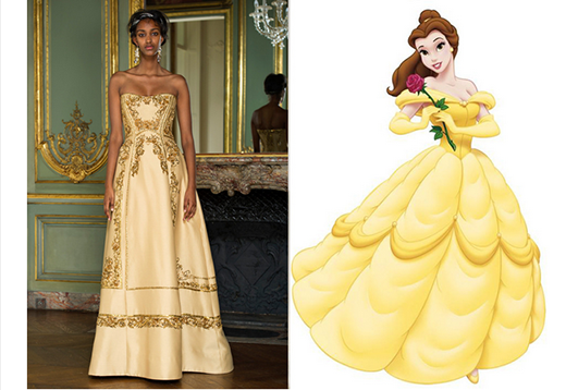 
	
	Hình tượng của nàng công chúa Belle được làm sống lại trong bộ váy xòe cúp ngực với gam màu hổ phách cùng những họa tiết trang trí ánh kim nổi bật.