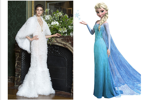 
	
	Bộ váy dài thướt tha với phần áo choàng ngắn được khơi nguồn cảm hứng từ hình ảnh nữ hoàng băng giá Elsa nhưng với màu trắng tinh khôi chứ không phải sắc xanh đặc trưng.