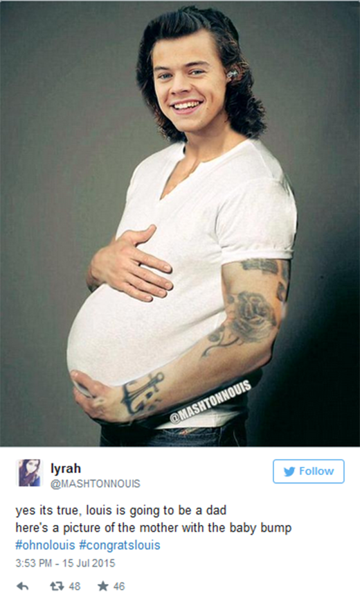 
	
	'Đúng rồi, Louis sẽ trở thành bố, đây là bức ảnh của mẹ đứa bé với bụng bầu #ôikhôngLouis #ChúcmừngLouis'.